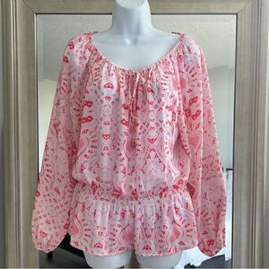 Ellen Tracy Pink Paisley Peasant Blouse Long Sleeve Top Size S
